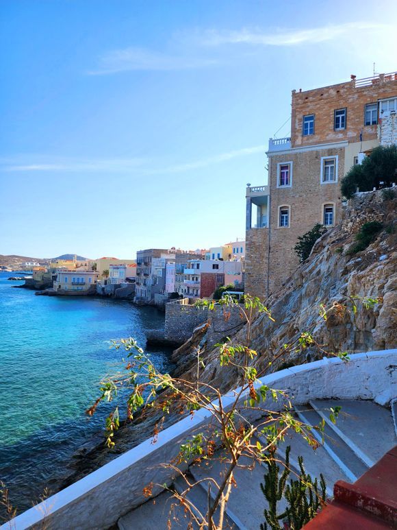 Charming Vaporia Quarter. Memorable first swim in the Aegean sea.