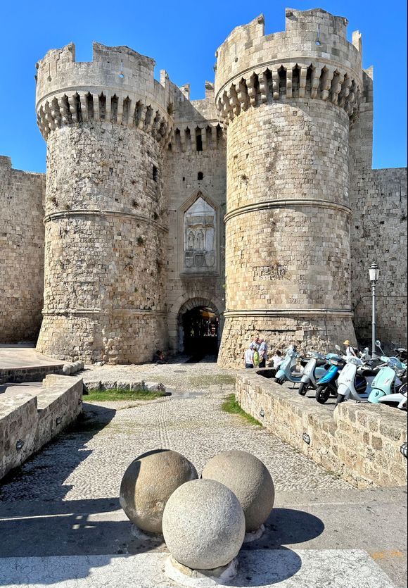 Rhodes, Greece, Grandmaster Palace architecture entry and towers Stock  Photo - Alamy