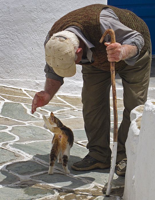 Man in Kastro with pet cat.