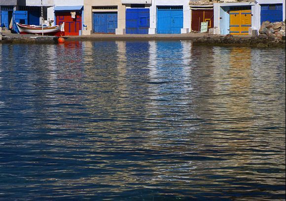 Boathouses and reflections, Firopotamos