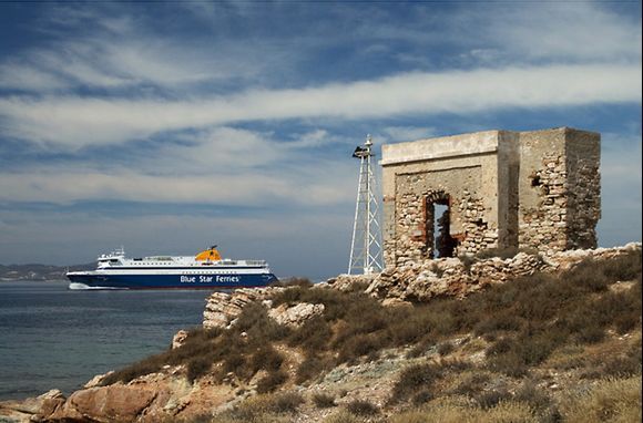 Blue Star Ferry rounding Cape Agia Foka on its way to Parikia.