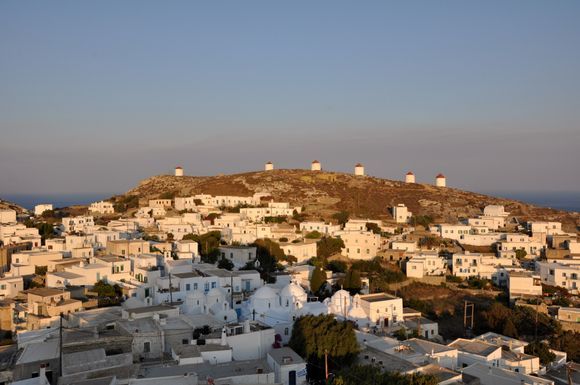 Chora Amorgos sunset colored viewed from the castle.