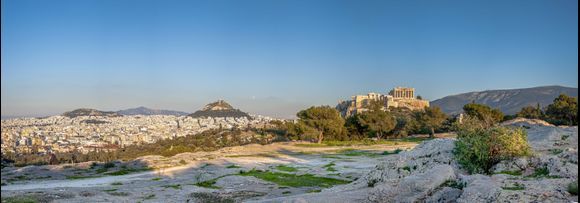 View from Pnyx Hill, Athens. From left to right -  Lofos Strefi, Attican Grove, Mt. Pentelis, Lycavittos Hill, Acropolis of Athens, Mt. Ymittos.