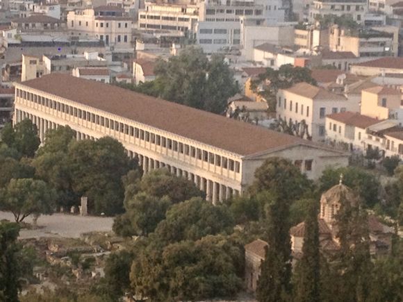 The magnificent Stoa of Attalos, in the Agora, near the Acropolis. It was  re built in 1956 to exact proportions of the original, but not in the same position, funded by  American philanthropy, mainly by John RockefellerJr.