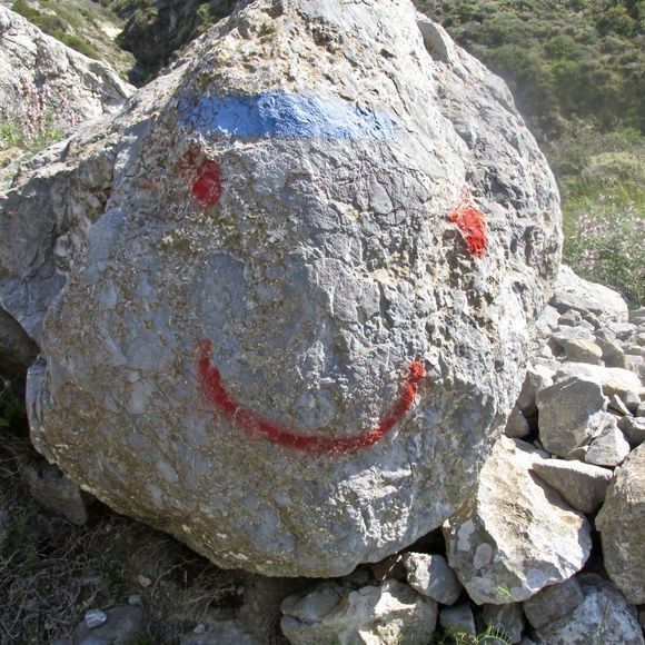 Smiley face marker, depicting that you are on the right  way, on an ancient path near Olympos :)