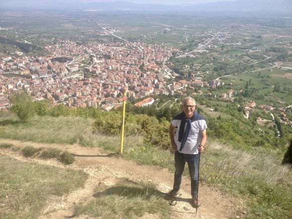 Hiking on top of Mount Varnous or Varnoundas, overlooking the town of Florina below. 