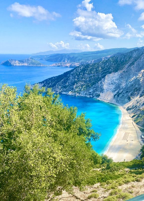 The famous and beautiful Myrtos beach, with Assos in the background 