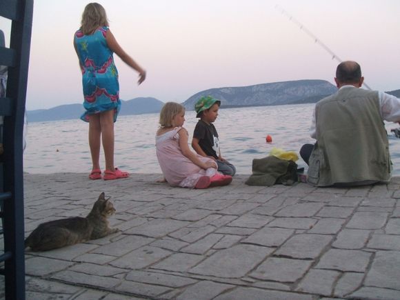 Evening in Hermione, looking towards Hydra. Children and cat watching   man fshing.