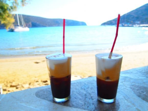 Drinking Ice Coffee in Bay of Vathi Sifnos