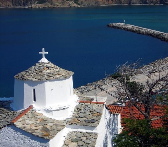 Skopelos, main town of the island of the same name, on a sunny summer day.