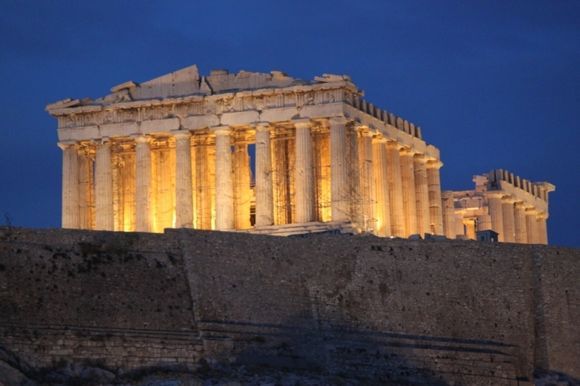 view of the Parthenon at night