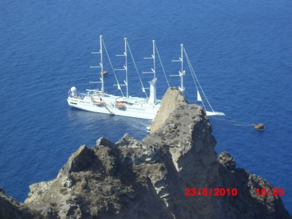 A cruise ship visits Santorini