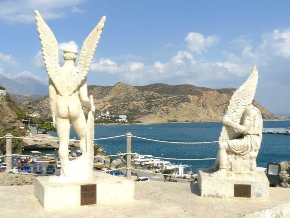 Agia Galini, Crete. Statues of Icarus and Daedalus. Legend tells us that Icarus began his ill fated flight from here.