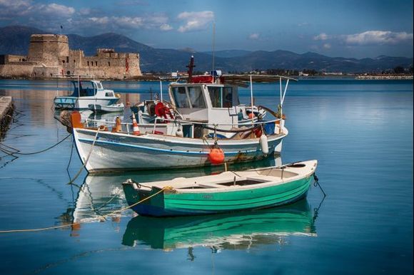 Nafplion harbour with Bourtzi Castle in the background