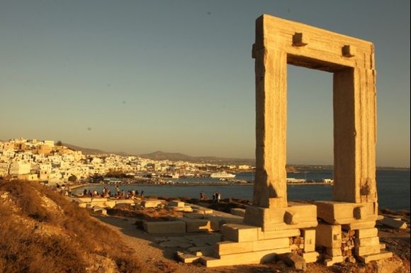 Naxos portara with old town of naxos