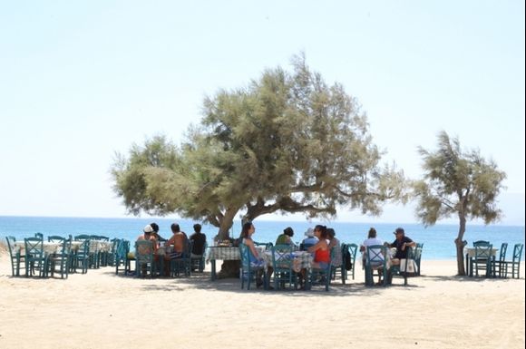 plaka beach tree and shadow with nice restaurant
