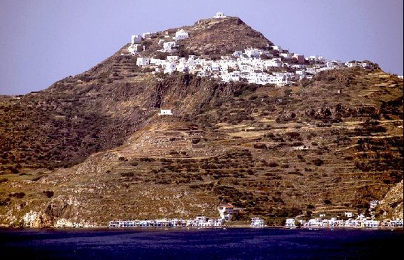 The village of Plaka, Milos, as seen from across the island.