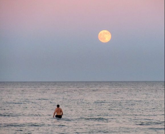 Full moon and swimmer at sunset