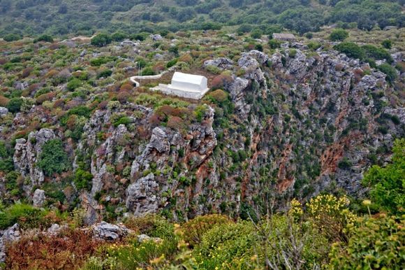 Amorgos, lagada : small church in mountain, in front of Eghialis bay