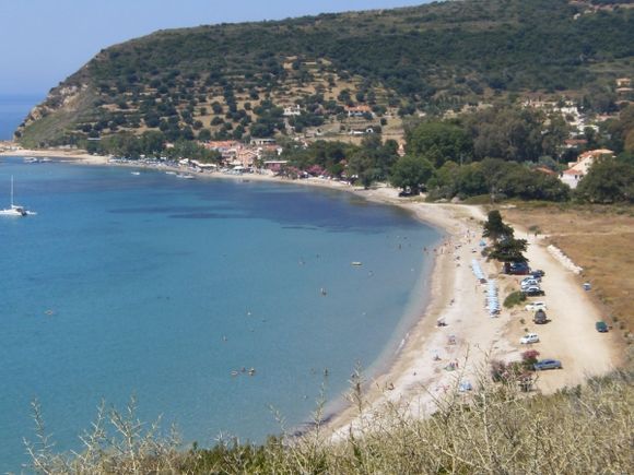 View of Katelios beach from the road to Skala