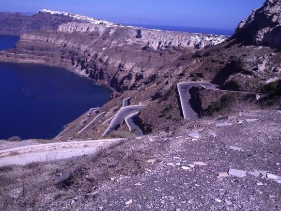 View of Santorini island and the road to the port