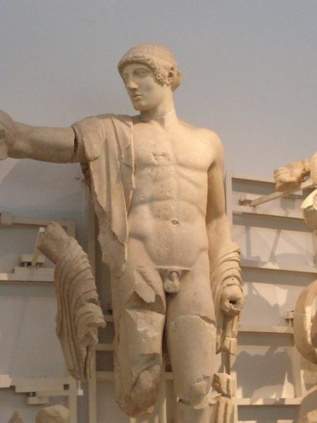 Apollo, sculpture group: Lapiths vs. Centaurs, fifth century BC, west pediment of the Temple of Zeus, August 2011