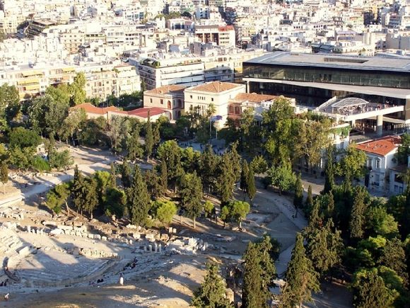 Athens view. First plan the Dionysos Theatre and the New Acroplis Museum