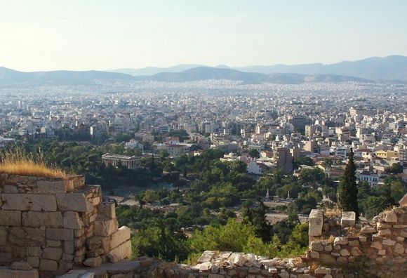View to Athens and Doric Temple of Hephaestus-Agora from Acropolis.