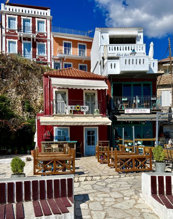 Colourful houses and restaurants in Parga town 