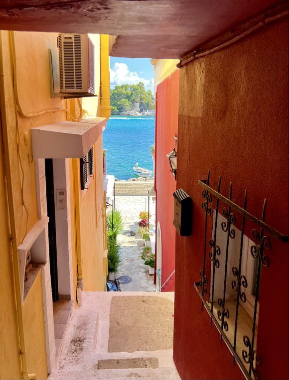 Colourful alleyways in the old part of Parga town 