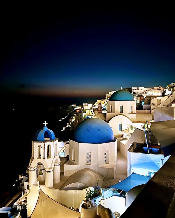 The 3 domes of Oia at night 