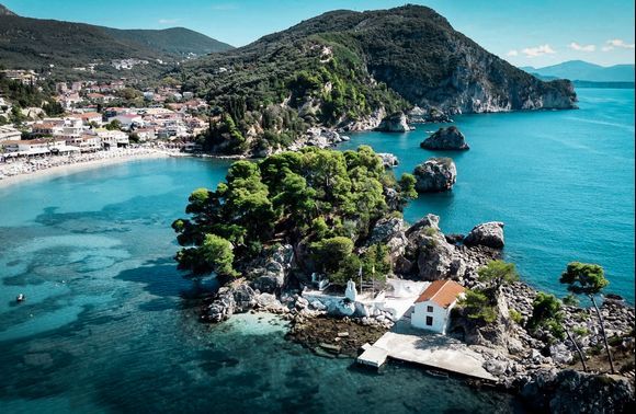 Beautiful Parga town from above (drone) 