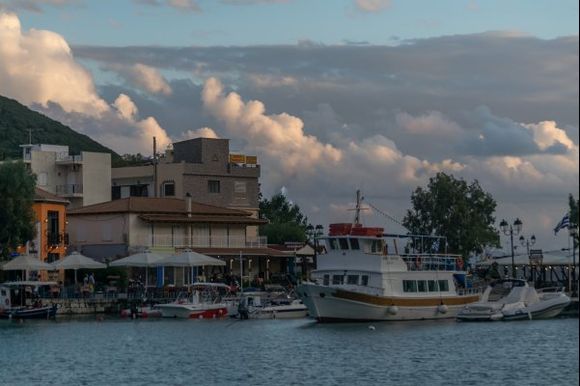 Fluffy clouds over Vassiliki harbour