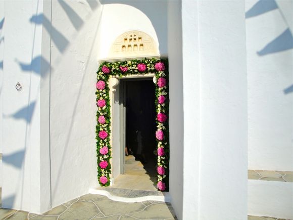 The entrance of the church decorated for the celebration of Panagia Chrissopigi