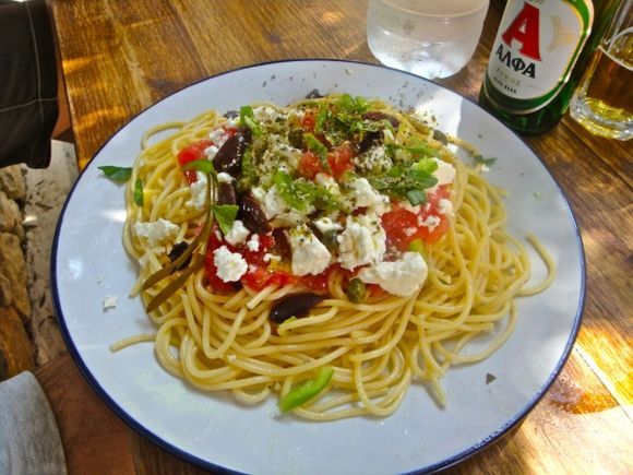 Greek spaghetti...  :-) :-) :-)
(Taverna just on the beach at Kendros)
