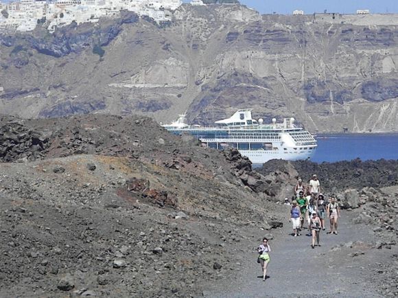 Looking Back on the Way to the Volcano Nea Kameni Santorini