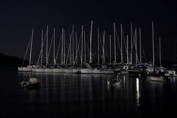 Skiathos Marina with reflected moonlight