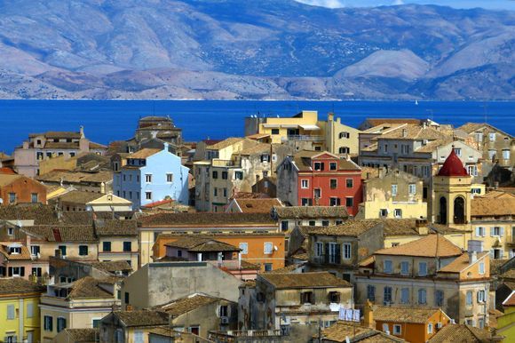 Corfu town with the mountains of Albania in the background