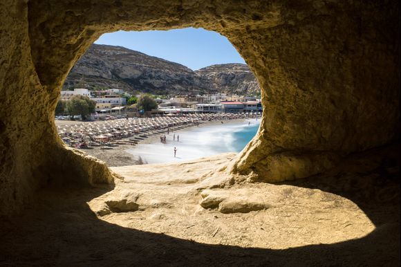 View from the cave to Matala beach. 