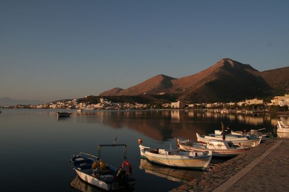 Early morning in Elounda. View towards the city and the beautyful mountains behind - from the road to Plaka.
