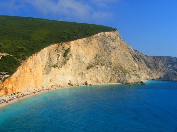This is a view of the beautiful Porto Katsiki beach on the island of Lefkada, Greece.