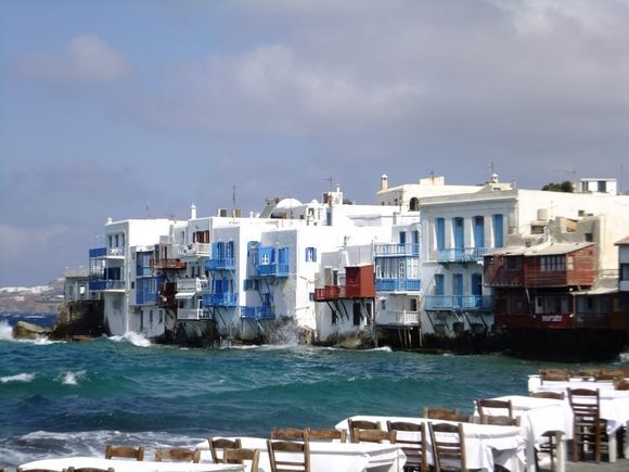 Mykonos bars and restaurants on the waterfront.
