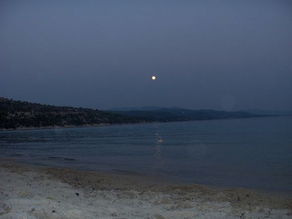 Agios Ioannis, the moon is up, night is coming but still at the beach!