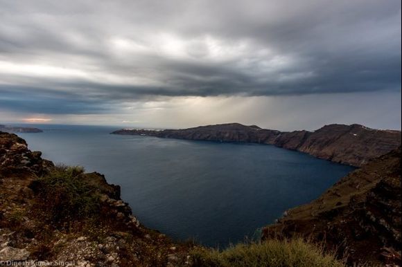 Aegean Sea, one can see Oia at the far end of land mass.