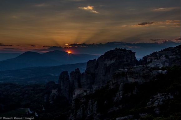 Sunset at Meteora: A mystical land with cliffs and monasteries