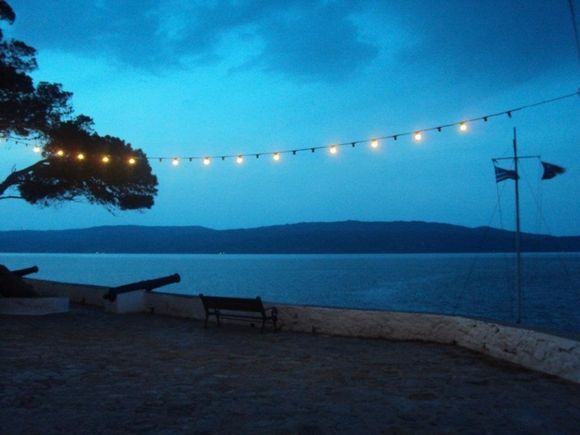 Night time in Hydra Greece near Omilos restaurant.