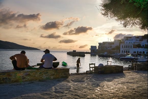 Katapola, amorgos, people enjoying the sunset in peace