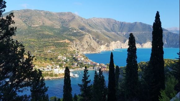Assos view beyond the cypress trees