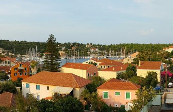 Fiskardo coloured houses and port