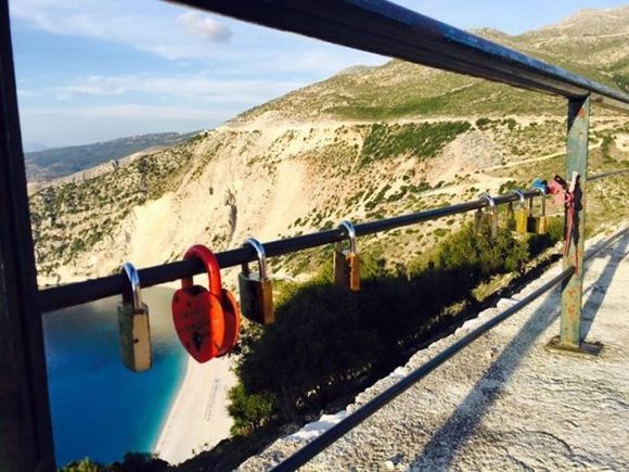 Love messages on heart shape padlocks on mountain roads Kefalonia